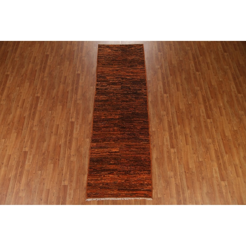 Hand Knotted Oriental 100% Wool Carpet Tribal Stripe Oranges & Rust Moroccan Runner Rug - 9' 7'' X 3' 0''