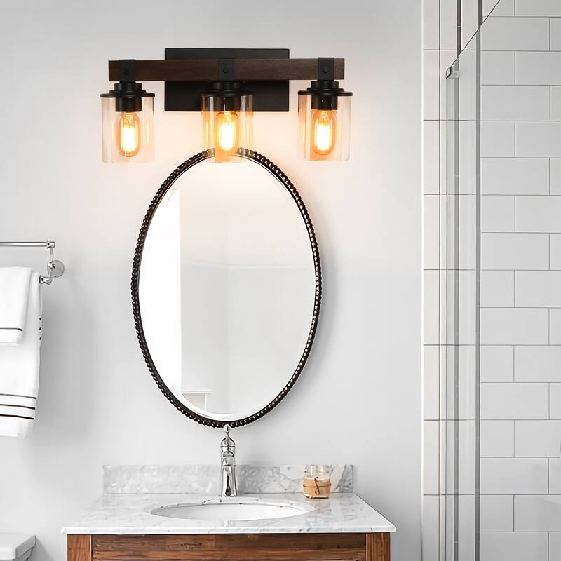 19" Rustic 3-Light Vanity Light, Industrial Bathroom Wall Sconce with Glass Shades and Wood Accent (No Bulbs) - Walnut
