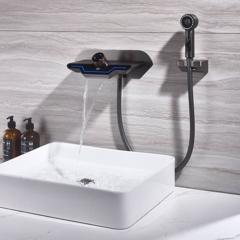 Modern Matte Black/ White Wall Mount Digital Display Bathroom Faucet includes Hardware - Black