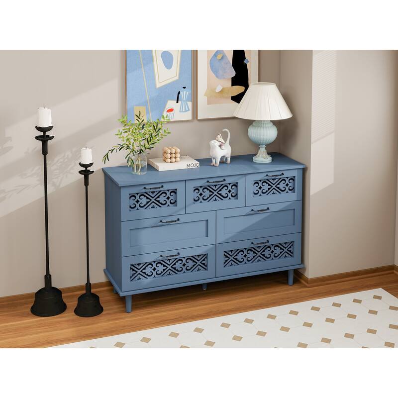 Blue Storage Closet Decorative Cabinet with Symmetrical Floral Pattern, Chic Buffet Cabinet Cupboard with Metal Handles