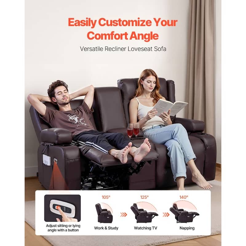 Brown PU Leather Electric Recliner Loveseat with Massage, Heating and USB Ports - 65.55 x 36.2 x 40.9 in
