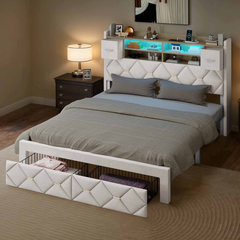 Moasis Upholstered Bed Frame with Storage Headboard And Charging Station and LED Light