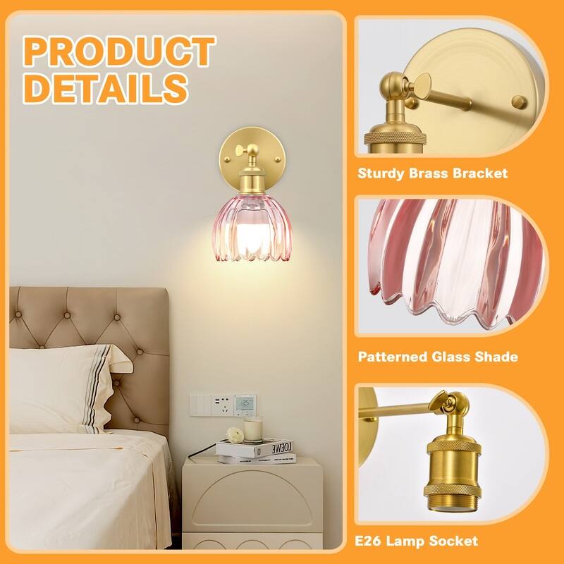 Adjustable Vintage Wall Sconce with Amber Tulip Glass Brass Fixture with Switch Ideal for Bedroom Hallway or Entry