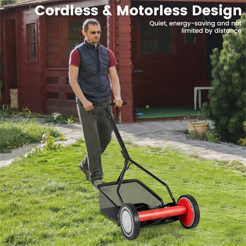 Manual Reel Lawn Mower Red Black 14-Inch Cutting Width 4-Height Adjustable 25L Grass Collector - 21" x 28" x 49"