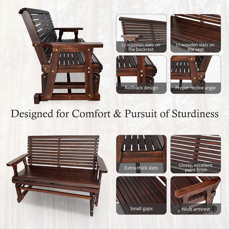 Wooden Patio Glider with High Roll Back and Deep Contoured Seat