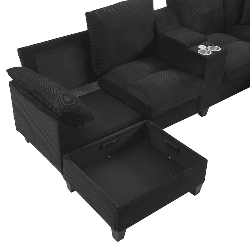 116.9" Modern Sectional Sofa with Storage Ottomans and USB Ports, Cup Holders