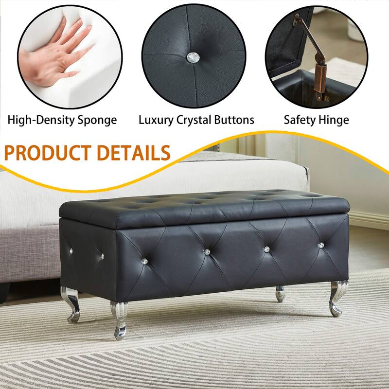 Storage Bench Leisure Stool with Safety Hinged Flap, End of Bed Decorative Bench with Crystal Buttons and Metal Legs