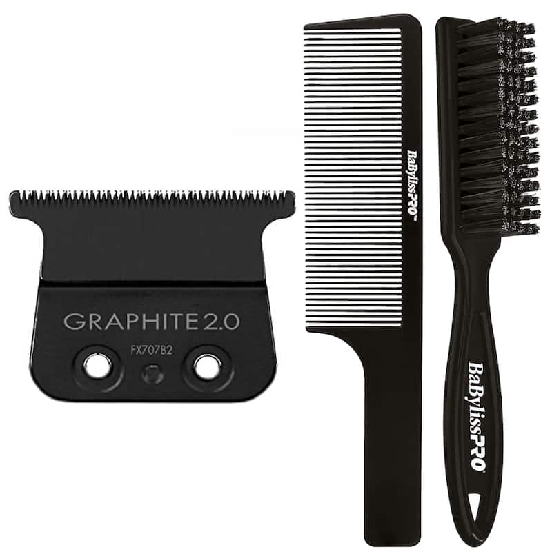 BaByliss Pro Deep Tooth Graphite Replacement Blade BB-FX707B2 + Fade Brush BPFADEB + 9" Clipper Comb - Black