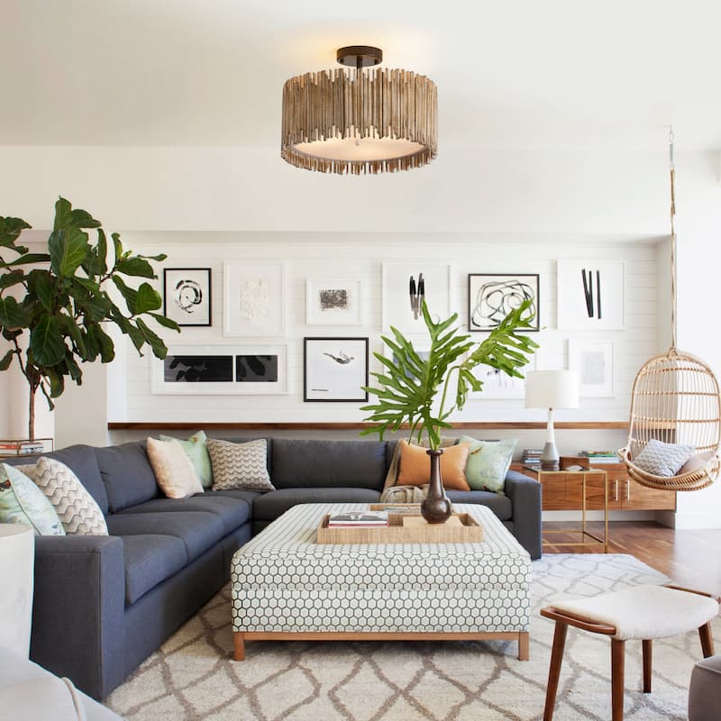 Distressed White 3-Light Wood Drum Semi-Flush Mount Ceiling Light