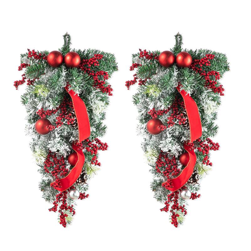 Glitzhome Christmas Berry Bow Pinecone Bell Holy Leaf Teardrop Swag Xmas Wreath - 2PK-C