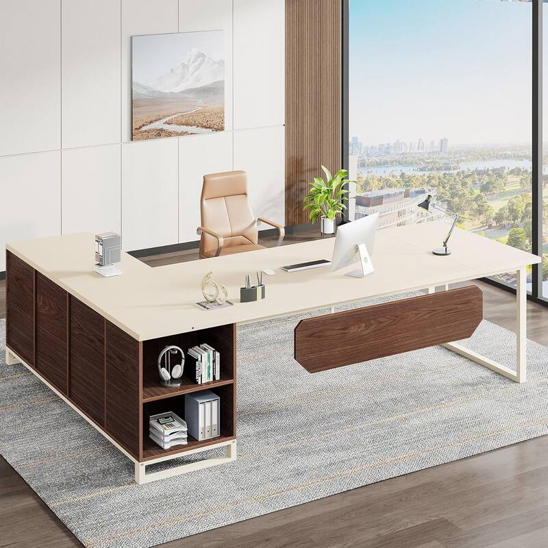 70.8" L-Shaped Executive Desk with 55" File Cabinet, Large Computer Desk with Storage Shelves/Cabinet for Home Office