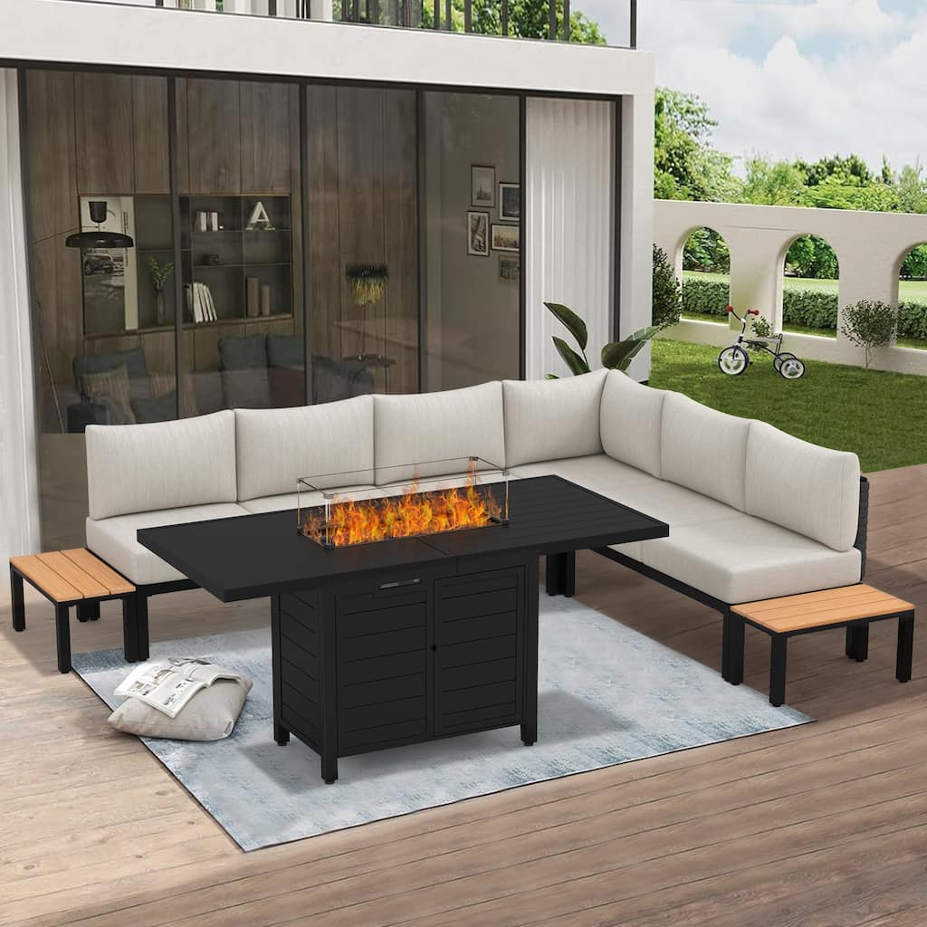 9 Pieces Outdoor Patio Furniture Set with Aluminum Fire Pit Table, Patio Fire Pit Set with 6" Thick Cushions - 9-Piece