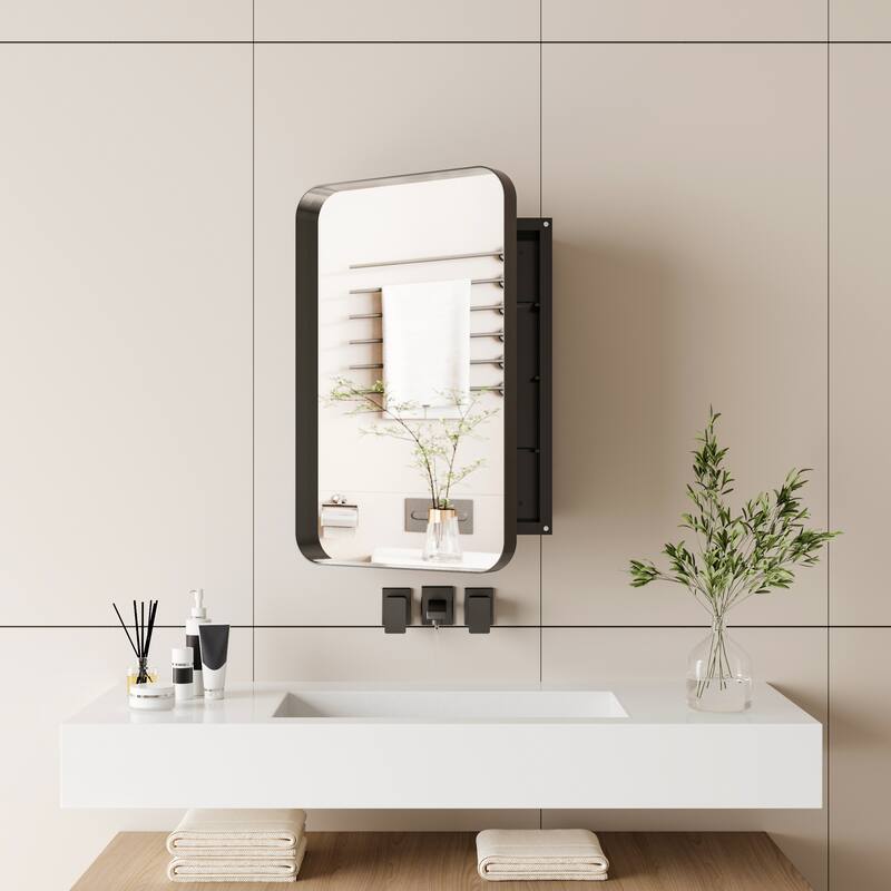 16" x 24" Black/ White Rectangular Metal Framed Medicine Cabinet with Mirror and Adjustable Shelves