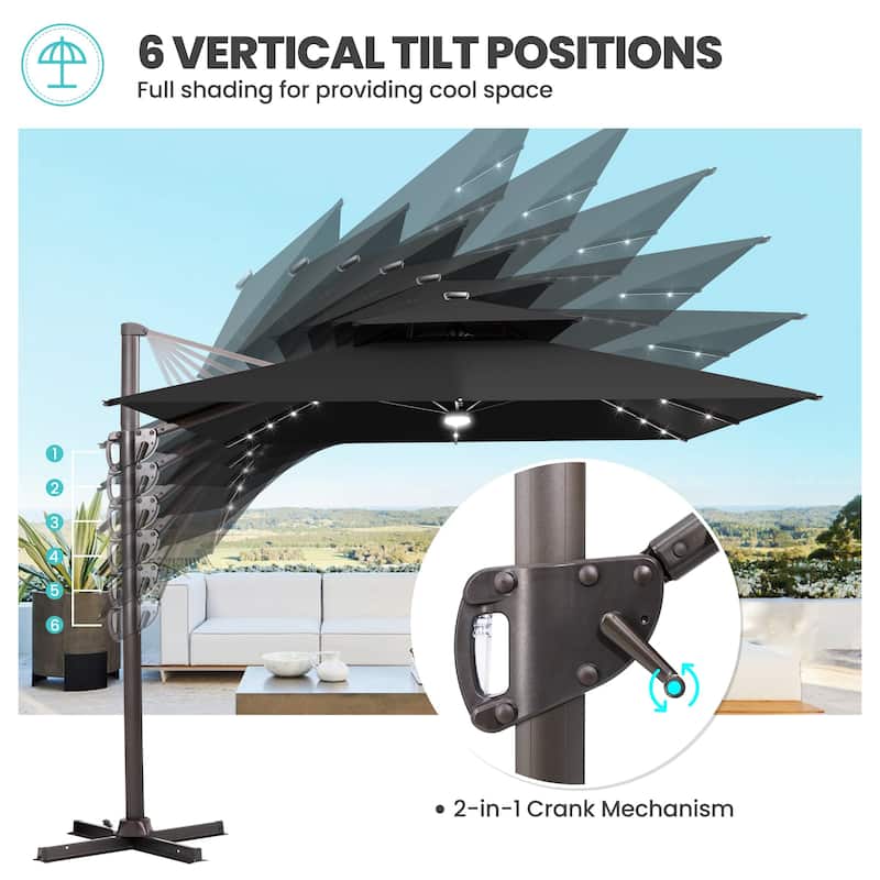 9 x11 FT Double Top LED Lighted Cantilever Patio Umbrella Rectangle with Base