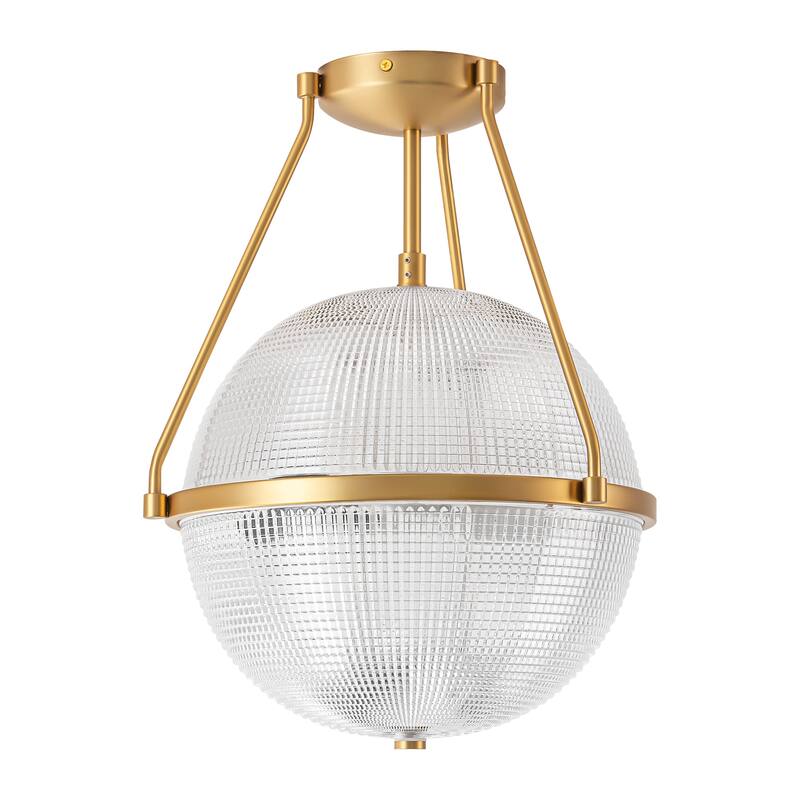 3-Light Mid-Century Modern Grid Textured Glass Globe Bubble Semi-Flush Mount Light for Dining Room - 13.7 in. W x 17.1 in. H