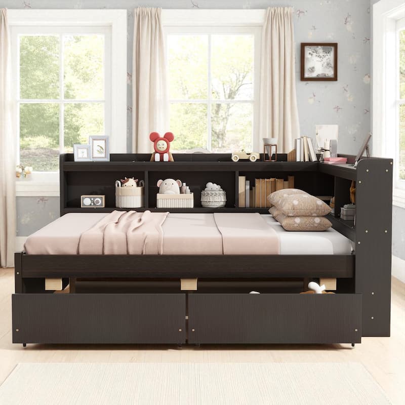 Full Size Bed with L-Shaped Bookcases, Power Outlets, USB Ports and 2 Storage Drawers