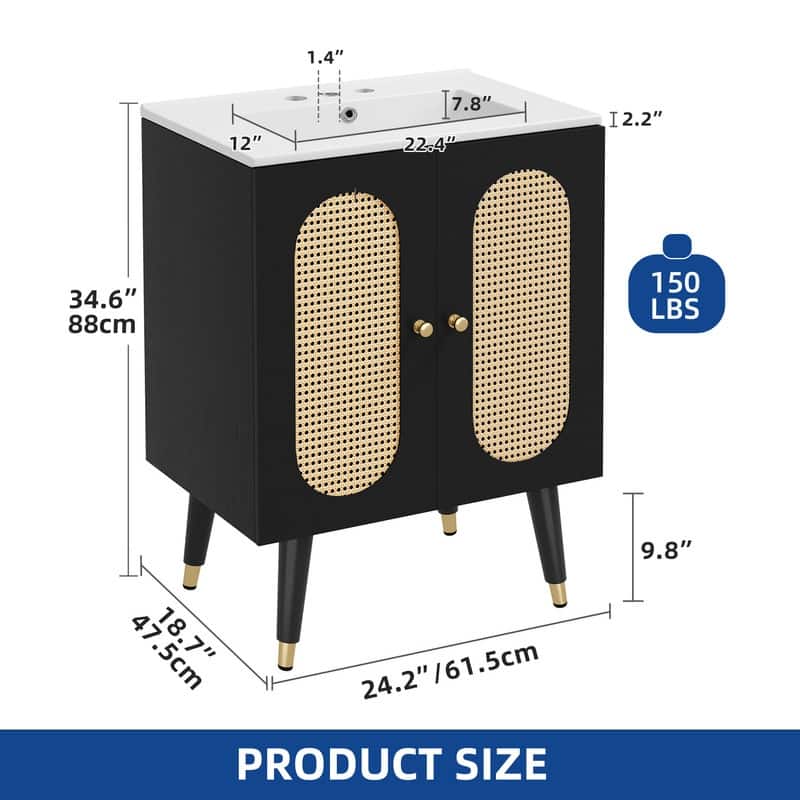 Moasis 24" Bathroom Vanity with Ceramic Sink, Rattan Double Door Cabinet and Drawer, Freestanding Solid Wood Legs