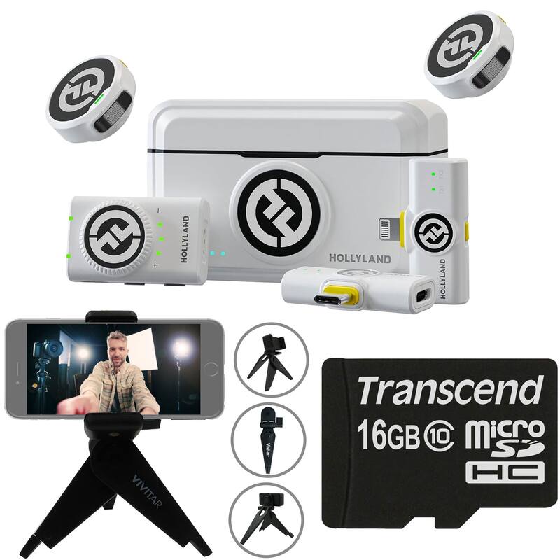 Hollyland LARK M2 DUO 2-Person Wireless Combo Mic System (2.4 GHz, Ivory White) + Selfie Video Tripod + 16GB MicroSD Card - Ivory White