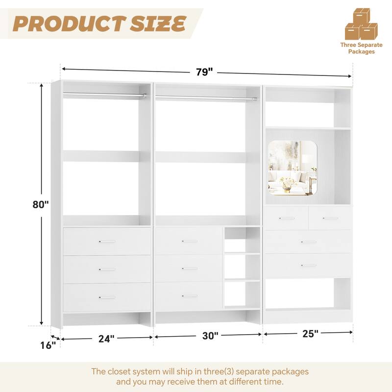 Cimly Set of 3 Closet Organizers with Drawers and Mirror, Freestanding Closet System with Hanging Rods
