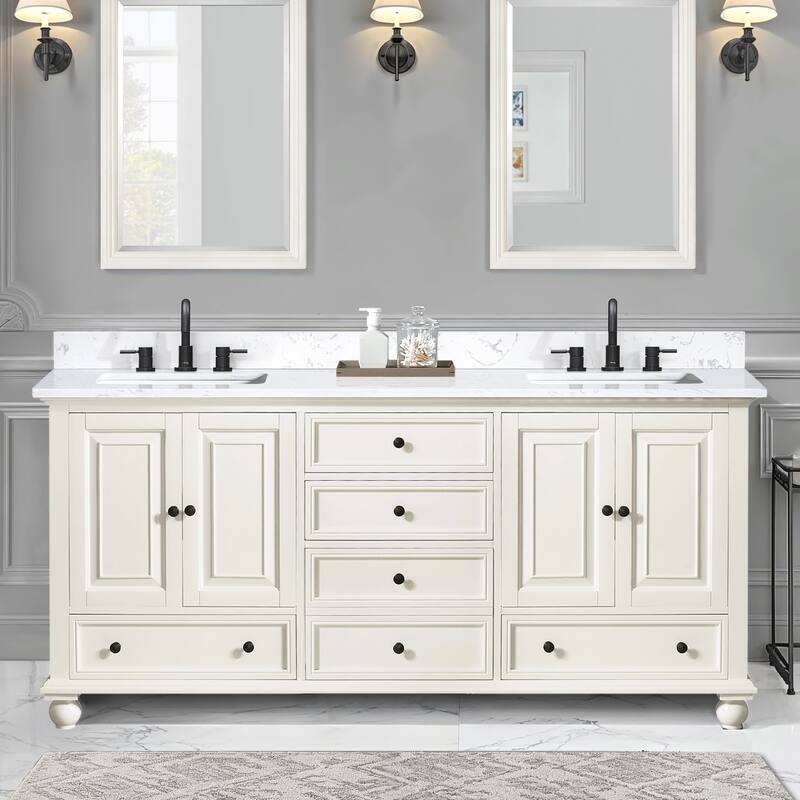 Thompson 72 in. Double Sink Bathroom Vanity with Engineered Stone Top - 73"W x 22"D x 35"H - French White