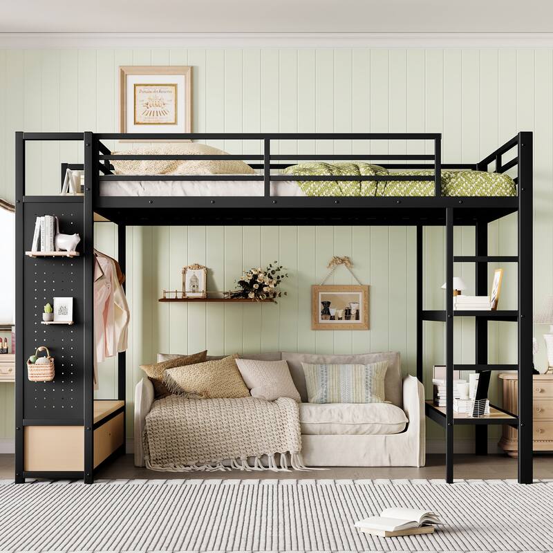 Metal Loft Bed Frame with Wardrobe, Shelves and 2 Drawers, Heavy Duty Metal Slat, Noise Free, High Loftbed Frame - Black - Queen