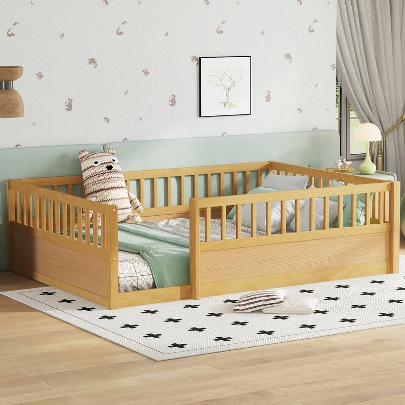Solid Wood Floor Bed Frame without Slats, Montessori Kids Floor Beds with Full Length Fence, No Box Spring Needed