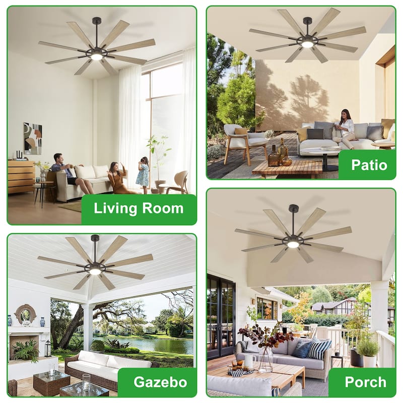 Modern 72 Inch 8 Blade Outdoor large Ceiling Fans with Lights: Dimmable Indoor Reversible 6 Speed Quiet DC Motor