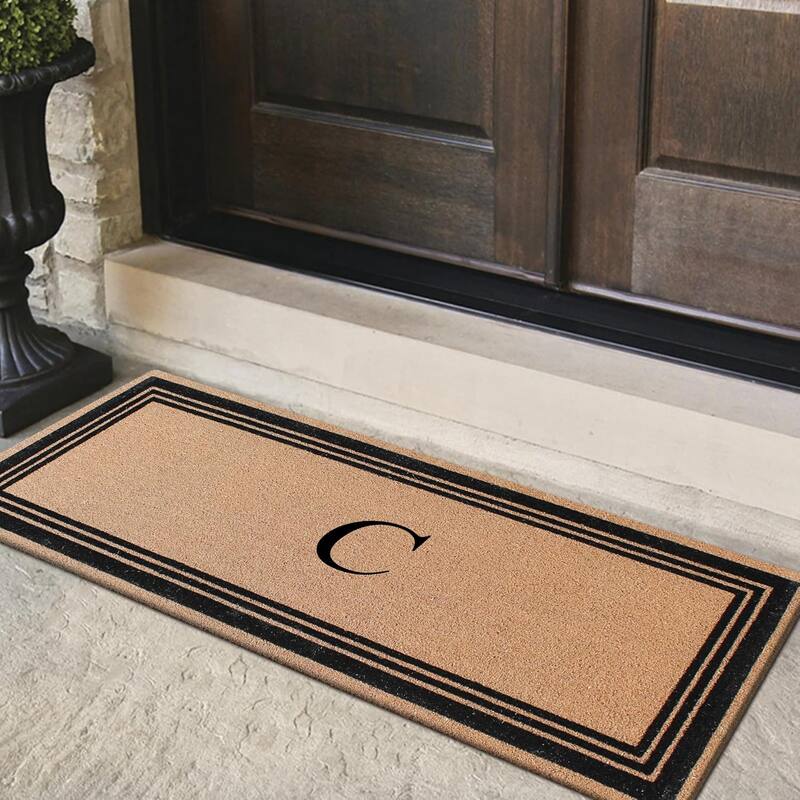 A1HC Natural Coir Monogrammed Flock Anti shed Treated Durable Doormat BlackBeige