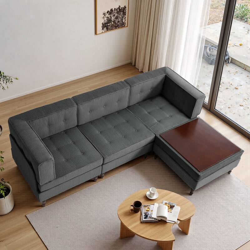 UIXE 4 - Piece Corduroy Sectional Sofa with Flip-Top Storage Ottoman Coffee Table