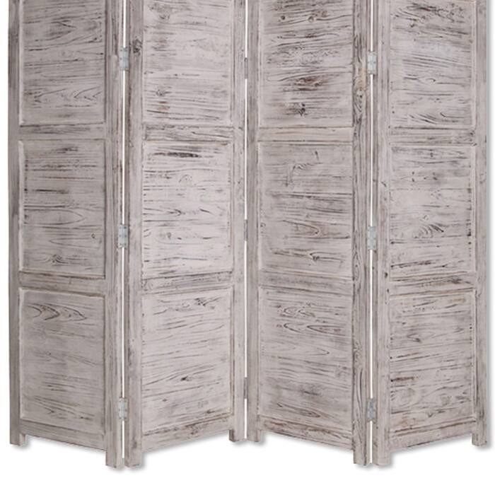 Wooden 4 Panel Screen with Textured Panels and Scrolled Details, White