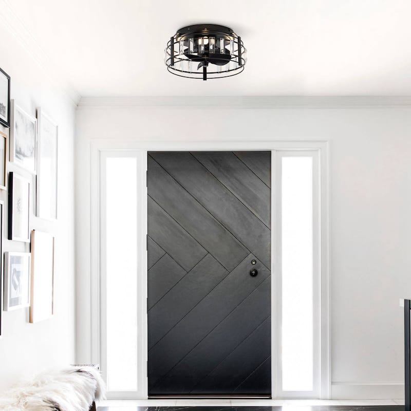 13-inch Matte Black Industrial Bladeless Fandelier Flush Mount Ceiling Fan with Remote