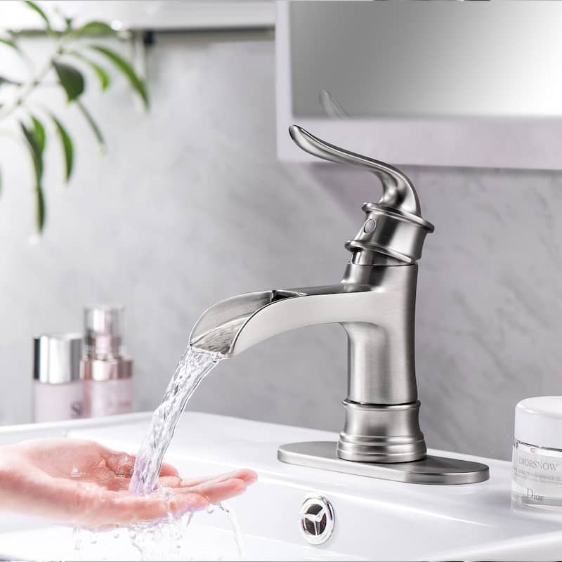 Bathroom Faucet Waterfall Single Handle Vessel Sink Faucet Deck Mount Black Vanity Faucets - Brushed Nickel