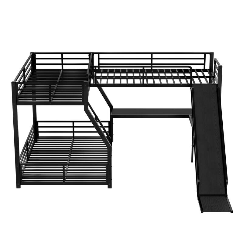 L Shaped Bunk Bed with Loft Bed, Heavy Duty Metal Triple Bunk Bed Frame for 3, Noise Free, L Shaped Desk with Charging Station