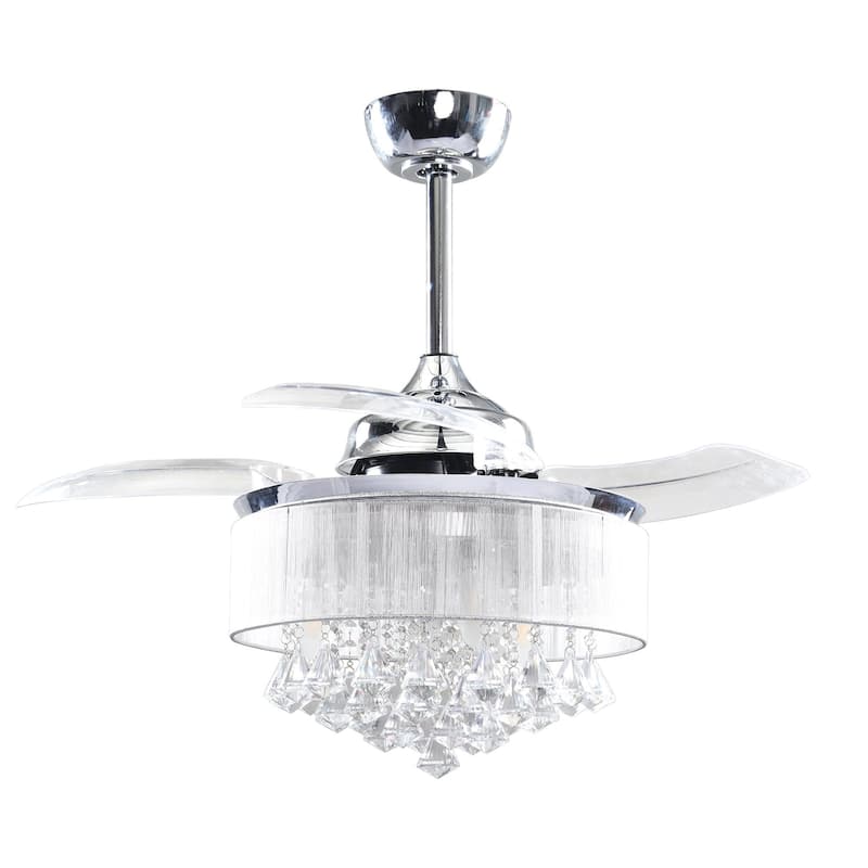 36" Modern Chrome Downrod Mount Retractable Crystal Chandelier Ceiling Fan with Light Kit and Remote Control - 36 in