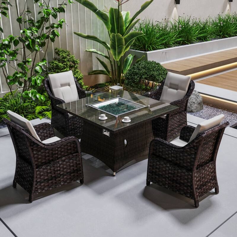 Modern Outdoor Square Fire Pit Table Set with 4 Dining Chairs - Brown