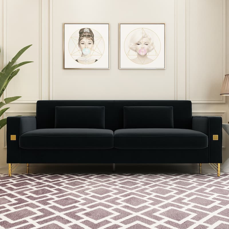 Modern Tufted Velvet Loveseat Upholstered Sofa with Removable Cushions and Pillows - 85.63 in.D x 30.31 in.W x 30.51 in.H - Black
