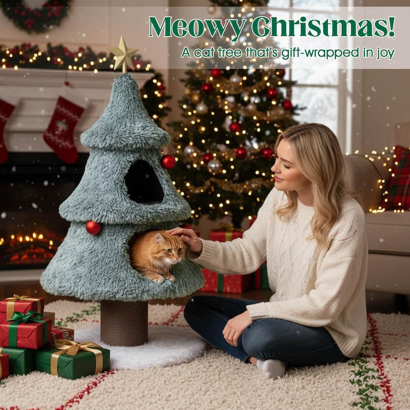 Costway 48.5” Christmas Cat Tree for Indoor Cats with 2 Large Condos, - as pic shows - See Details