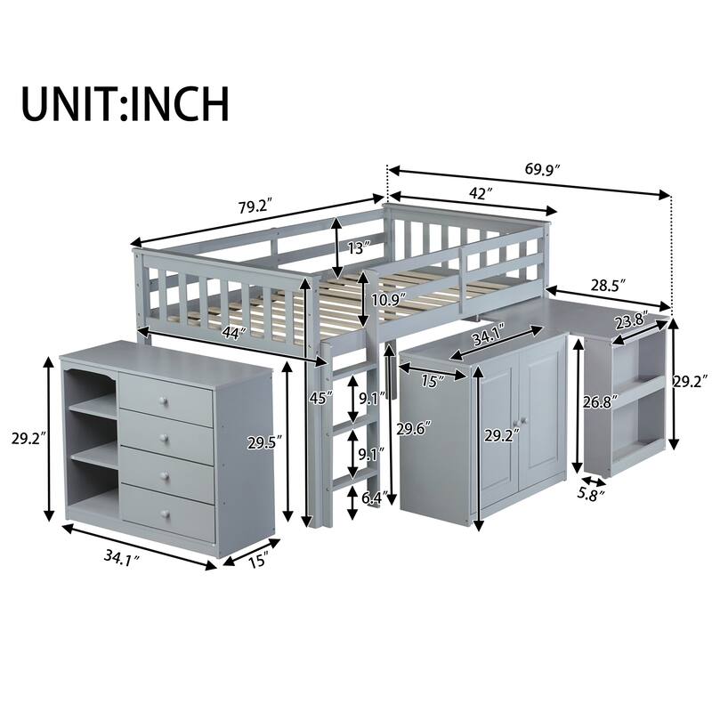 Twin Loft Bed with Storage Cabinet, Drawer and Shelf Cabinet and Pulling-Out Desk, Rubber Wood Loft Bed with Safety Guardrail