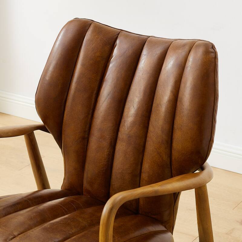 Art Leon Genuine Leather and Ash Wood Accent Chair