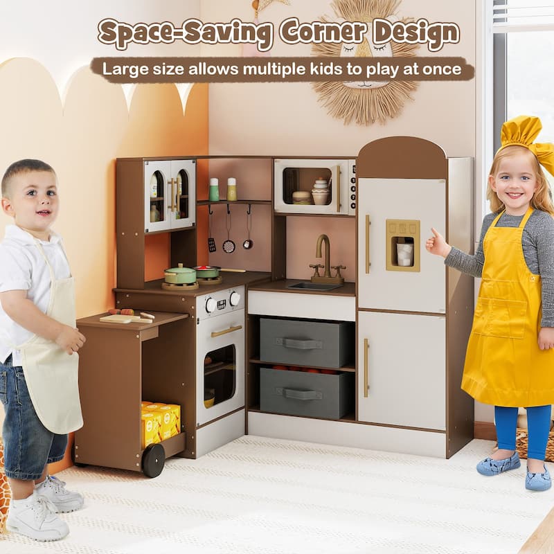 Costway Corner Kitchen with Lights and Sounds Interactive Wooden - See Details