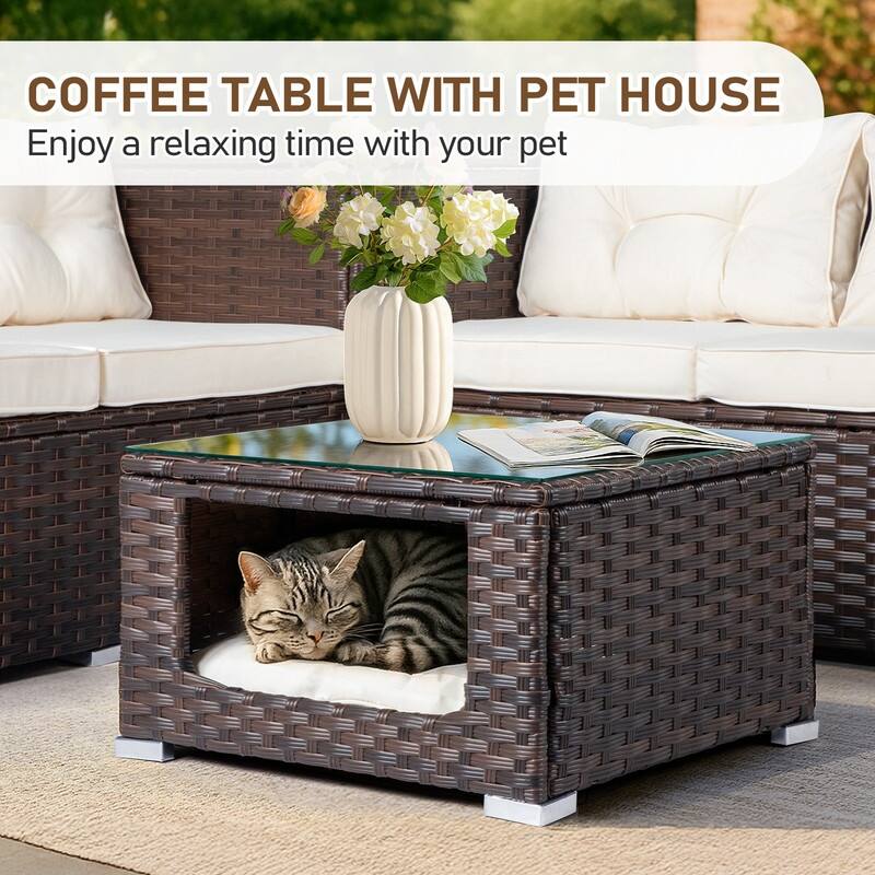 Patio 4-Piece Wicker Sectional Set with 2 Loveseats, Hydraulic Storage Box & Pet House Table
