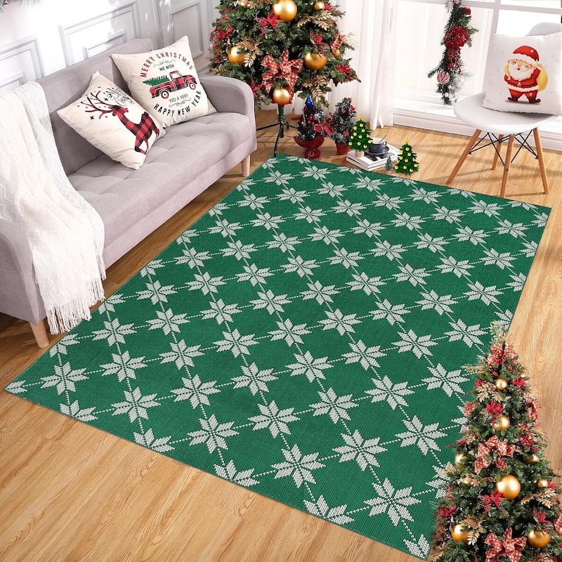 GustoWave Christmas Geometric Throw Area Rugs, Non Slip Machine Washable, Green - 1'6" x 2'6" - Green 5*7ft