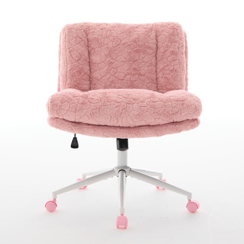 Roomfitters Wide Faux Fur Office Chair, Adjustable Swivel Desk Chair with White Metal Base, Cozy Upholstered Vanity Chair