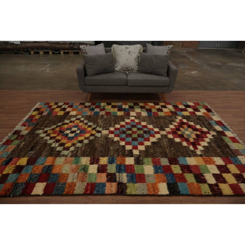 Hand Knotted Oriental 100% Wool Carpet Modern Geometric Brown Moroccan Area Rug - 9' 5'' X 6' 9''