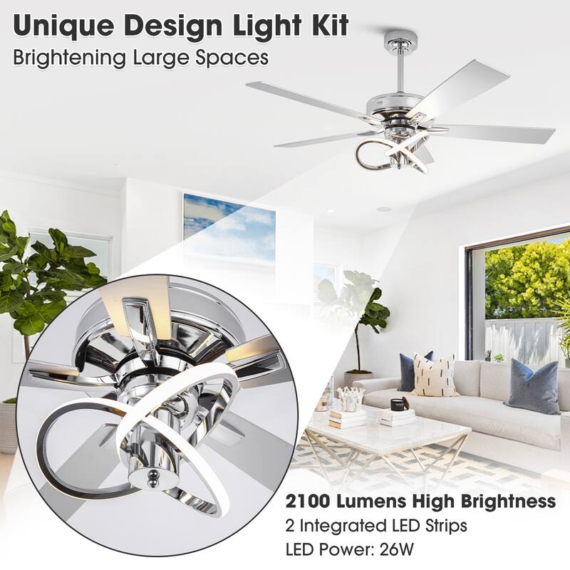 52" Chrome Modern Plywood 5-Blade Ceiling Fan with LED Light and Remote - 52 in. D x 52 in. W x 15.25 in. H