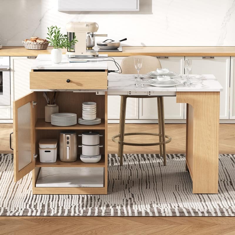 59.5" Kitchen Island with Extendable Dining Table Double-sided Storage and Built-in Power Outlet for Kitchen, Dining Room - Natural