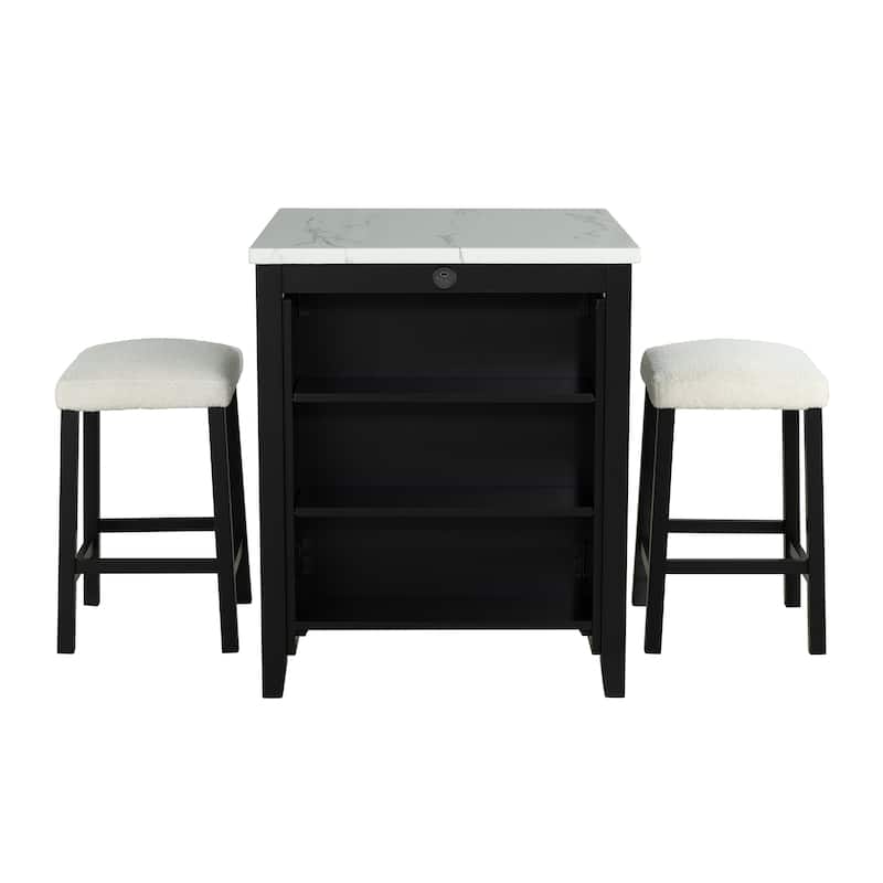 Black Bar Table and Chairs Tall Kitchen Breakfast Nook with Stools, Storage Shelves