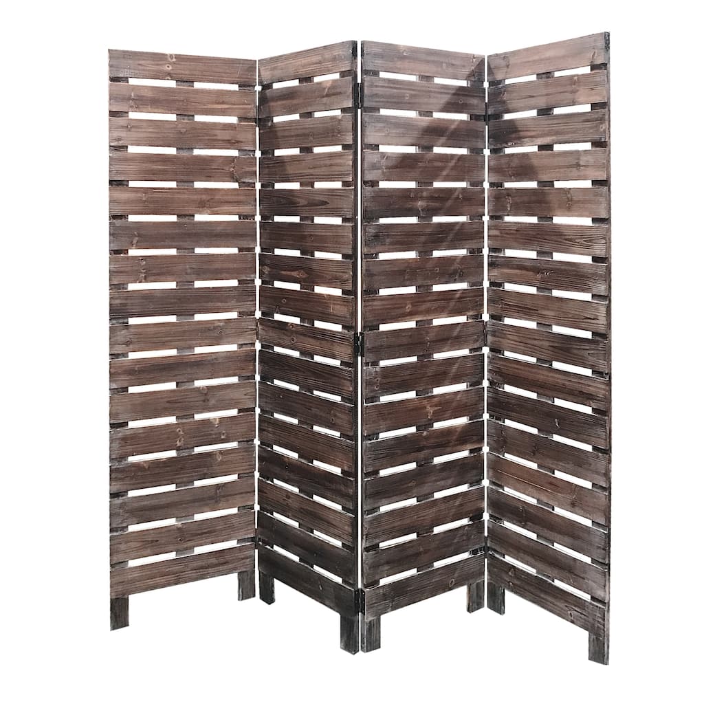 4 Panel Wooden Room Divider with Horizontal Planks, Brown