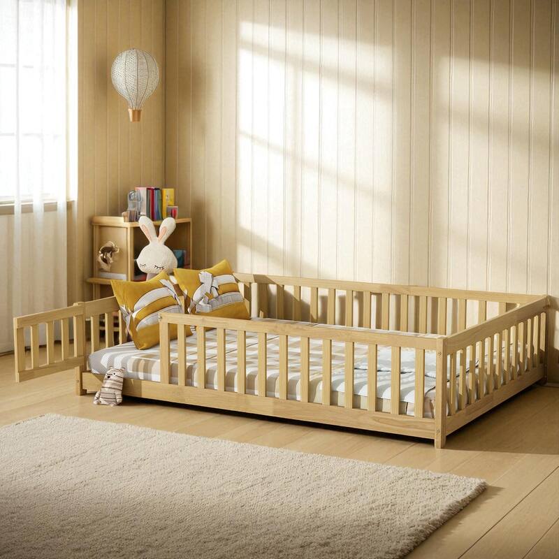 Full Size Rubber Wood Floor Bed with Fence, Door and Safety Guardrails for Kids