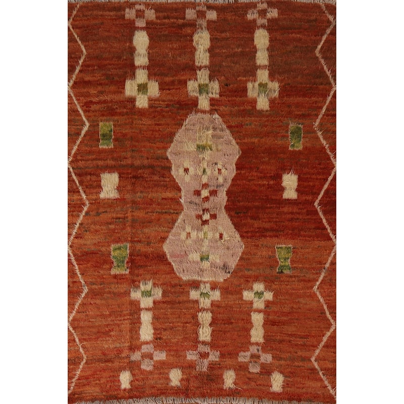 Hand Knotted Oriental 100% Wool Carpet Modern Tribal Oranges & Rust Moroccan Area Rug - 7' 8'' X 5' 6''